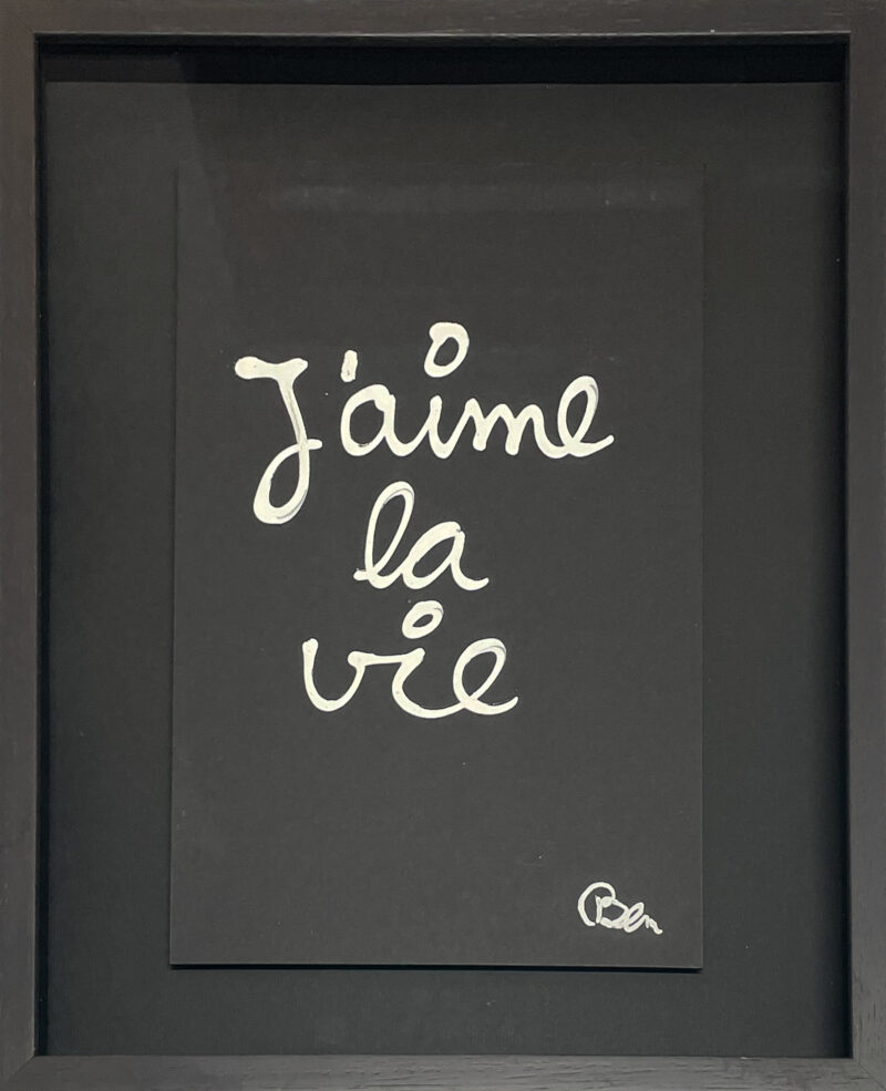 Ben Vautier, J’aime la vie, 2006, dessin au correcteur blanc sur papier noir, signé Ben