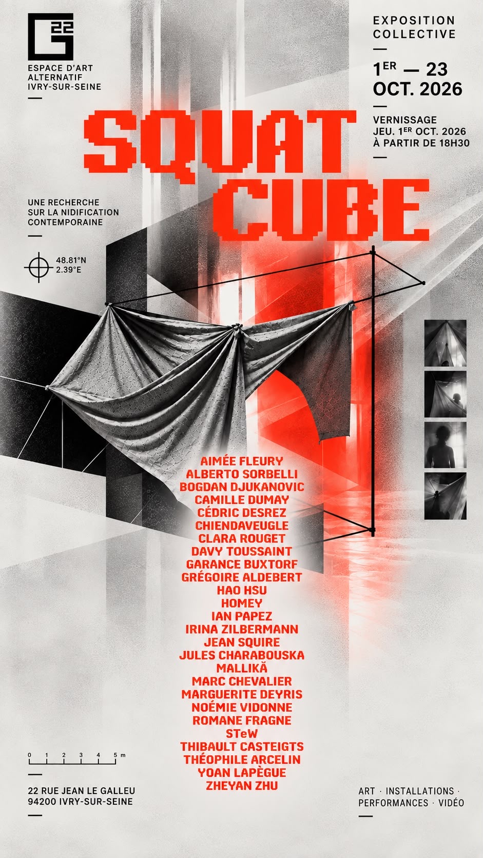 Affiche de l’exposition SQUAT CUBE, Espace d’art alternatif, Ivry-sur-Seine, du 1er au 23 octobre 2026